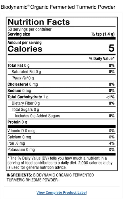 Solspring® Fermented Turmeric Powder, Biodynamic® Organic supplement facts label