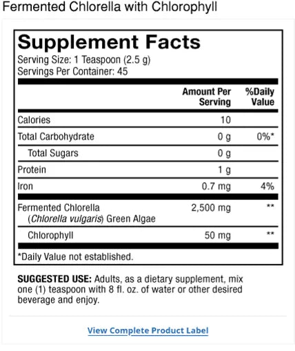 Fermented Chlorella Powder with Chlorophyll supplement facts label