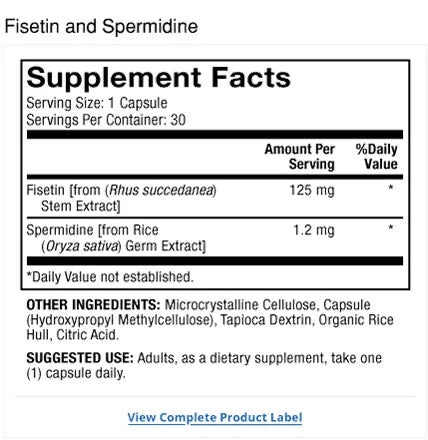 Fisetin and Spermidine supplement facts label