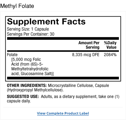Methyl Folate supplement facts label