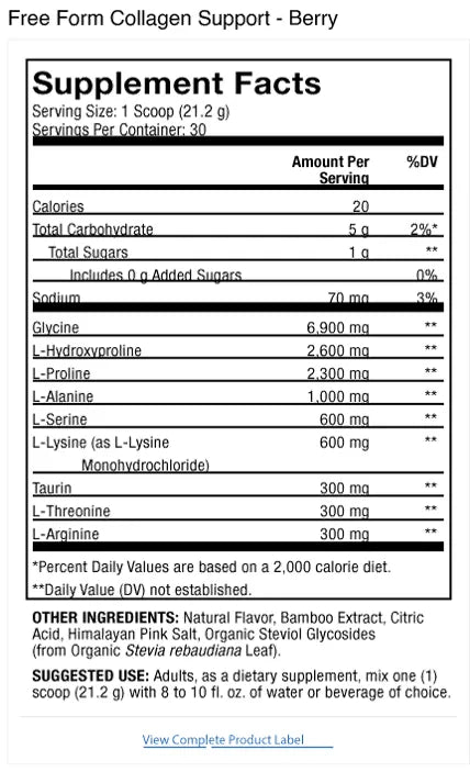 Free Form Collagen Support - Berry supplement facts label
