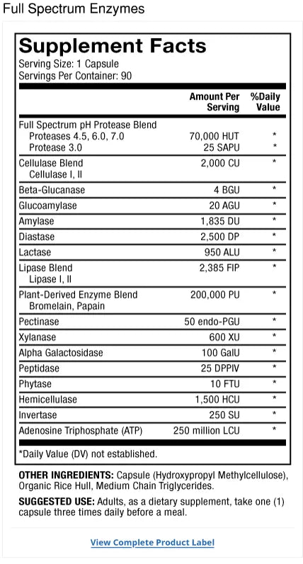 Full Spectrum Enzymes supplement facts label