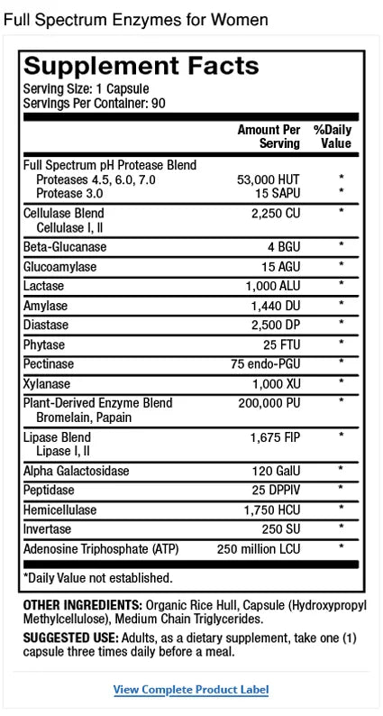Full Spectrum Enzymes for Women supplement facts label