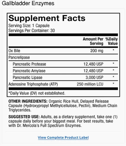 Gallbladder Enzymes supplement facts label