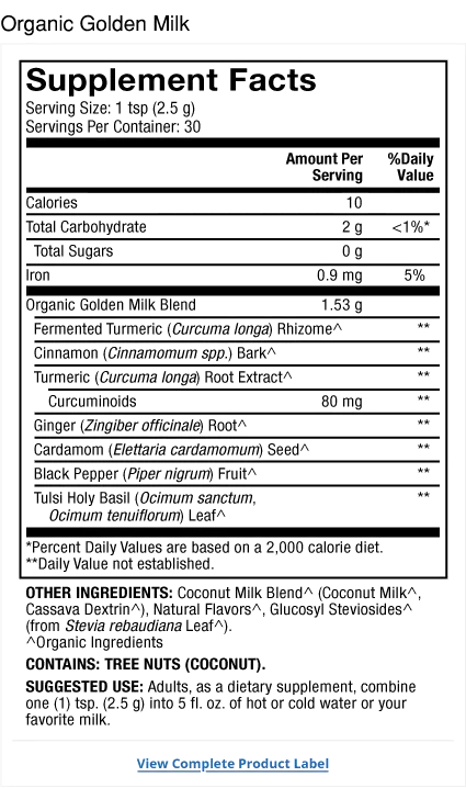 Solspring™ Golden Milk, Organic supplement facts label