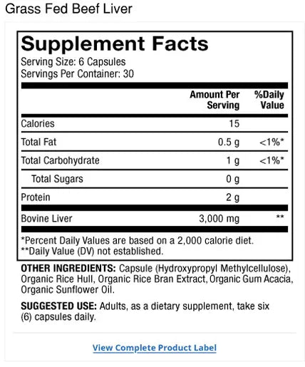 Grass Fed Beef Liver supplement facts label