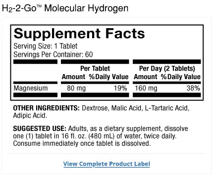 H2-2-Go supplement facts label