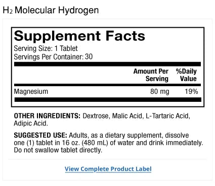 H2 Molecular Hydrogen 30-Day supplement facts label