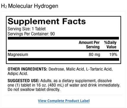 H2 Molecular Hydrogen 90-Day supplement facts label