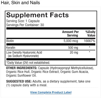 Hair Skin and Nails supplement facts label