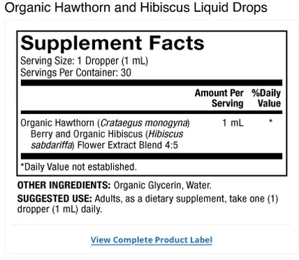 Organic Hawthorn and Hibiscus Liquid Drops supplement facts label