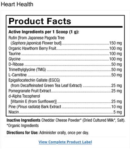 Bark & Whiskers® Heart Health supplement facts label
