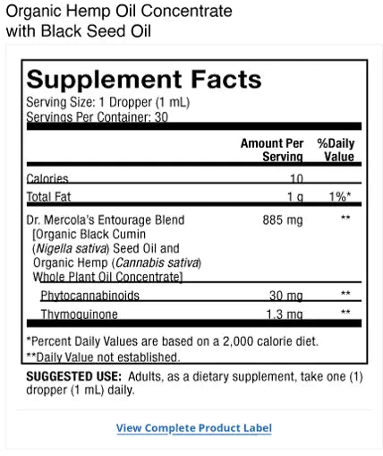Biodynamic® Organic Hemp Oil Concentrate with Black Seed Oil supplement facts label