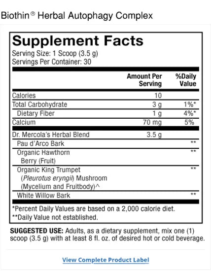 Biothin Herbal Autophagy Complex supplement facts label