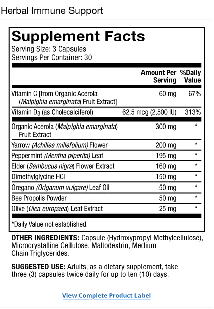 Herbal Immune Support supplement facts label