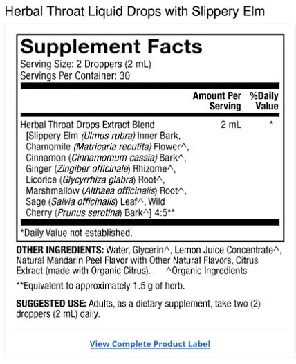 Herbal Throat Liquid Drops with Slippery Elm supplement facts label