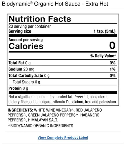 Solspring® Hot Sauce, Biodynamic® Organic - Extra Hot supplement facts label