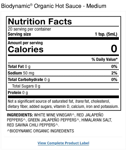 Solspring® Hot Sauce, Biodynamic® Organic - Medium supplement facts label
