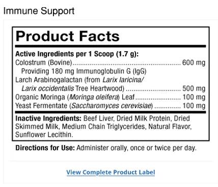 Bark & Whiskers® Immune Support supplement facts label