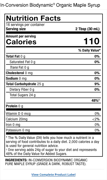 Solspring® Maple Syrup, In-Conversion Biodynamic® Organic supplement facts label