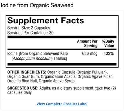 Iodine from Organic Seaweed (180) supplement facts label