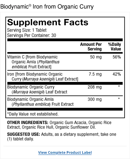 Biodynamic Iron from Organic Curry supplement facts label