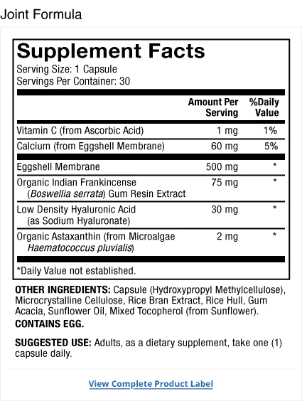 Joint Formula 30-Day supplement facts label