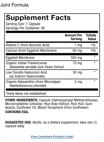 Joint Formula 90 Day supplement facts label