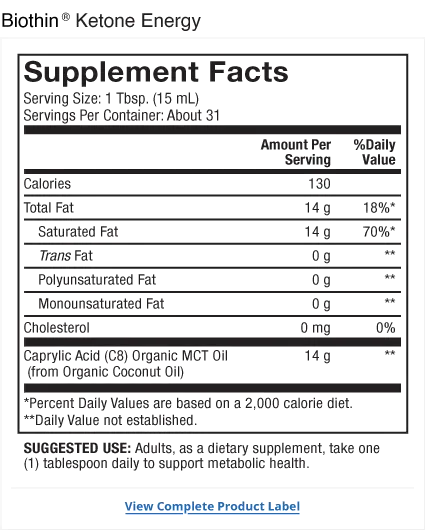 Biothin Ketone Energy MCT Oil supplement facts label