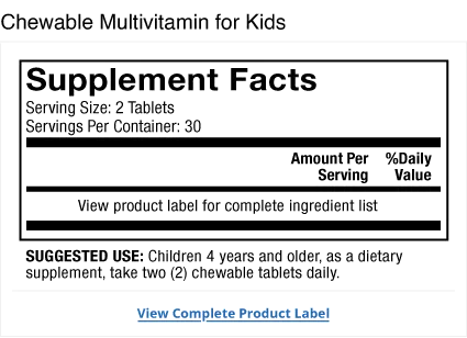 Chewable Multivitamin for Kids supplement facts label