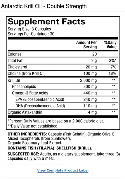 Krill Oil Double Strength supplement facts label