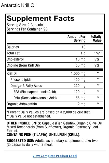 Krill Oil 90 Day supplement facts label