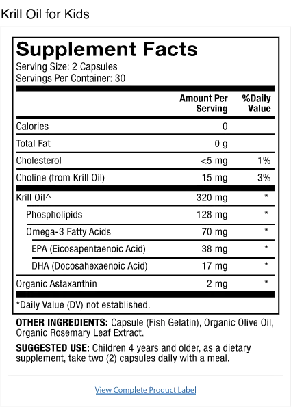 Kids' Krill Oil supplement facts label
