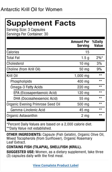 Krill Oil for Women supplement facts label
