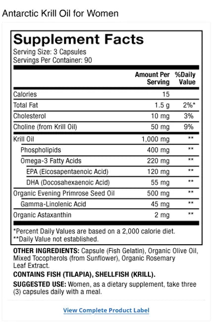 Krill Oil for Women 90 Day supplement facts label