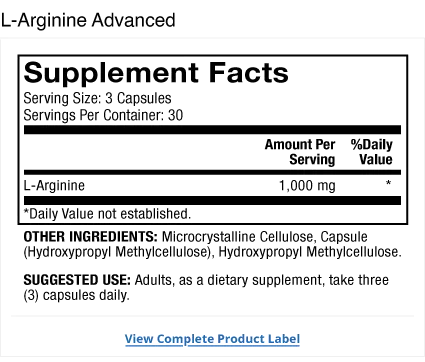 L-Arginine Advanced supplement facts label