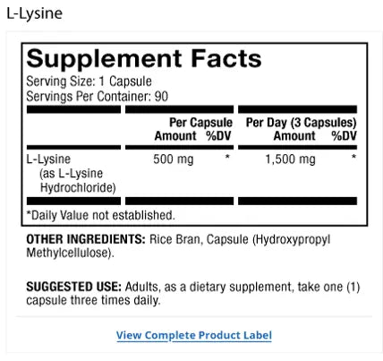 L-Lysine supplement facts label