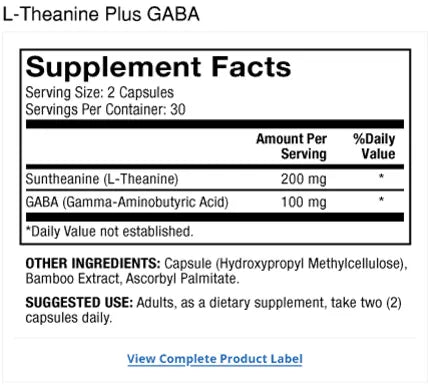 L-Theanine Plus GABA supplement facts label