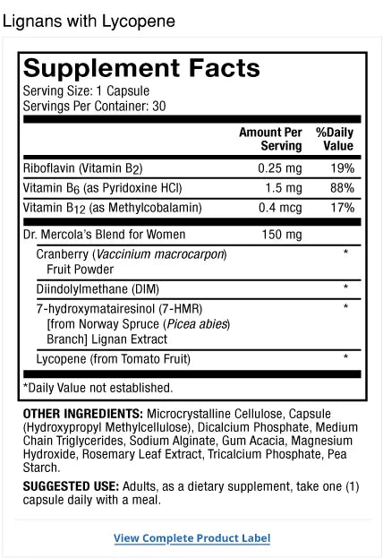 Lignans with Lycopene supplement facts label