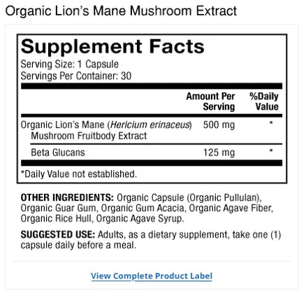 Organic Lion's Mane Mushroom Extract supplement facts label