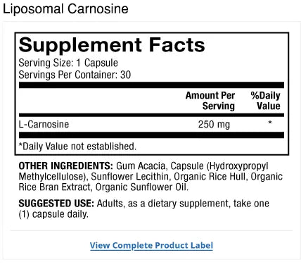 Liposomal Carnosine supplement facts label