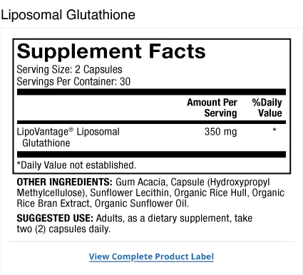 Liposomal Glutathione supplement facts label