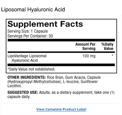 Liposomal Hyaluronic Acid supplement facts label