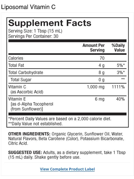 Liquid Liposomal Vitamin C supplement facts label