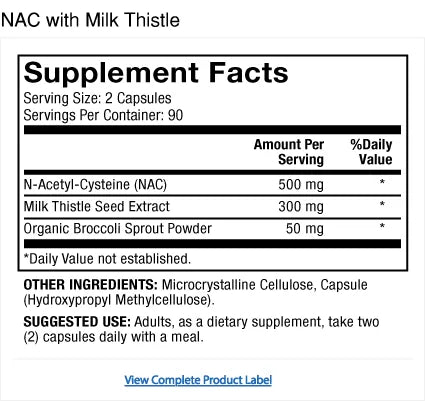 NAC with Milk Thistle supplement facts label