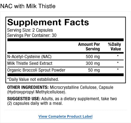 NAC with Milk Thistle 30 Day supplement facts label