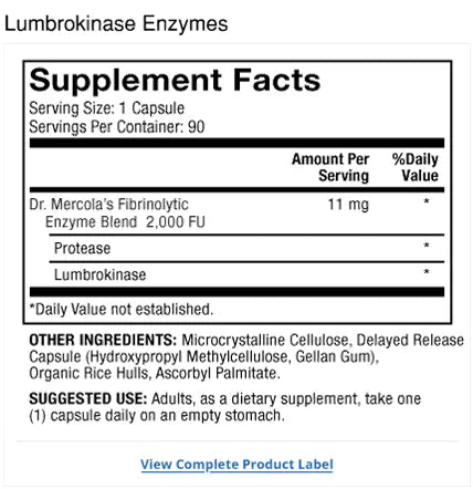 Lumbrokinase Enzymes 90 Day supplement facts label