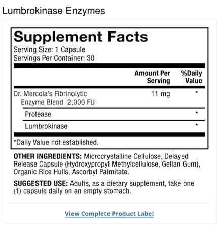 Lumbrokinase Enzymes supplement facts label