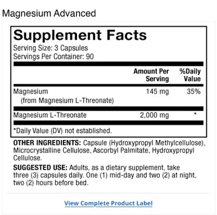 Magnesium Advanced supplement facts label