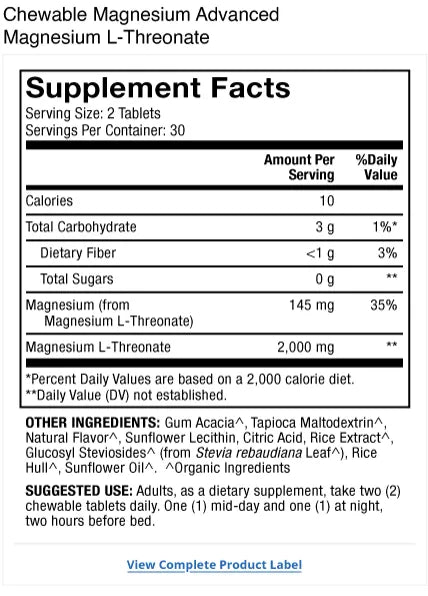 Chewable Magnesium Advanced supplement facts label